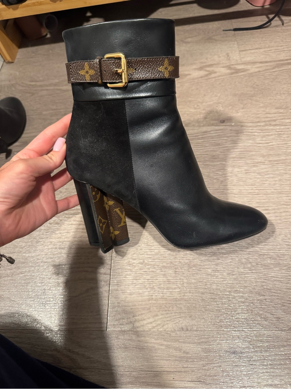 Authentic Louis Vuitton Black Leather Women's Ankle Boot with Monogram Accent